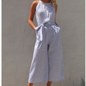 Striped Sleeveless Belted Key Hole Back Jumpsuit